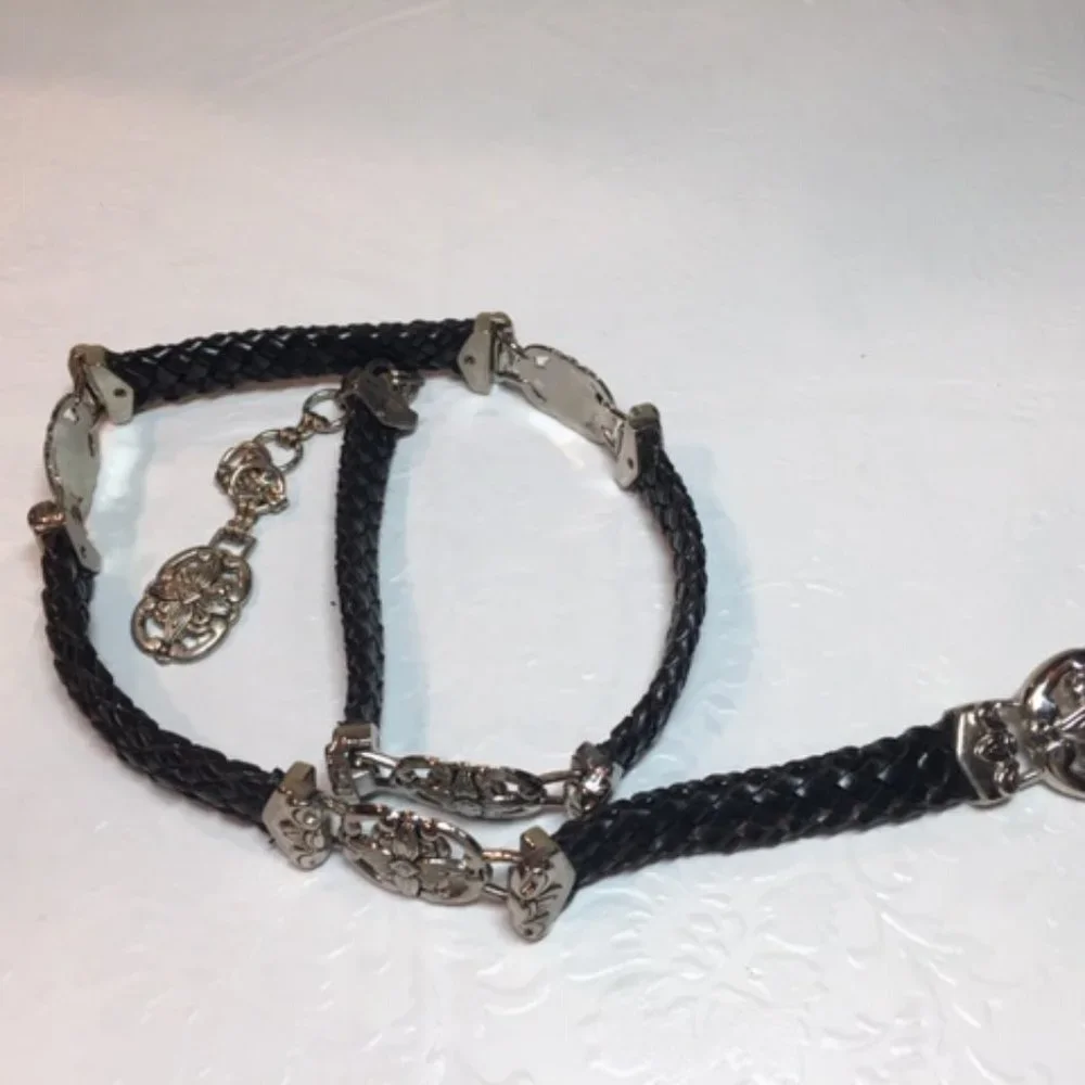Braided Leather Navy w/ Floral Silver Toned Ornaments Belt Small